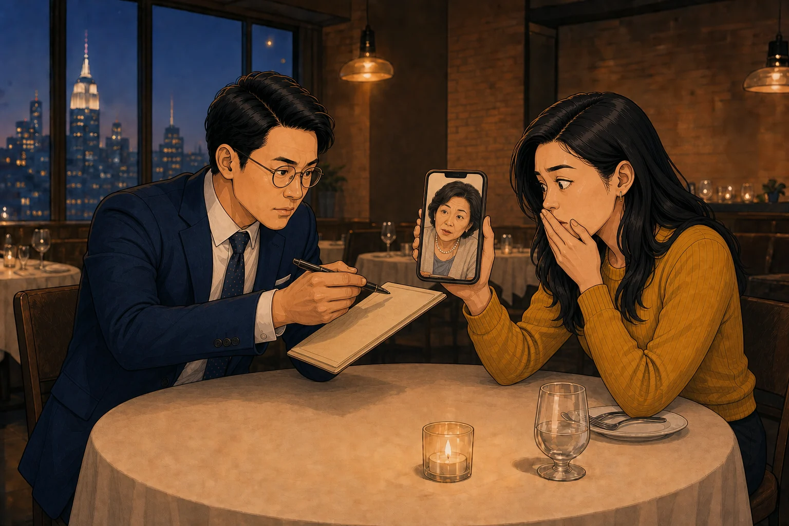 女方举着与母亲视频通话的手机，律师郑重把一份保密协议递向屏幕，女方在旁边无言以对