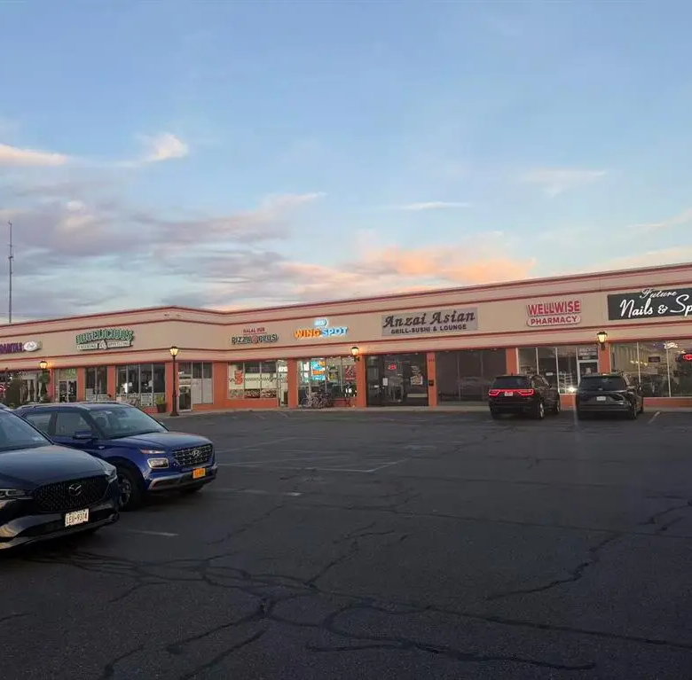 Retail plaza exterior and parking area