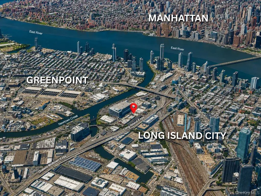 Aerial location view labeled Manhattan, Greenpoint, and Long Island City