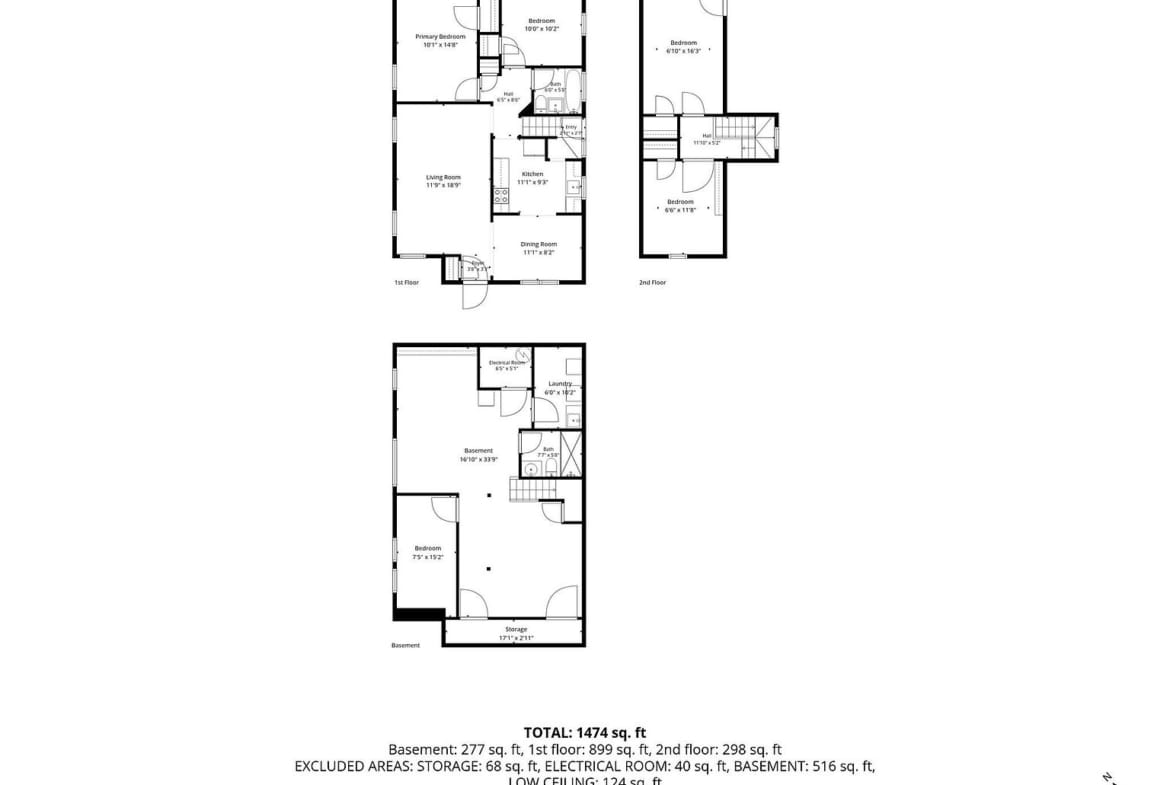 170-19 Pidgeon Meadow Rd一楼、二楼和地下室整体户型测量图，尺寸仅供参考。