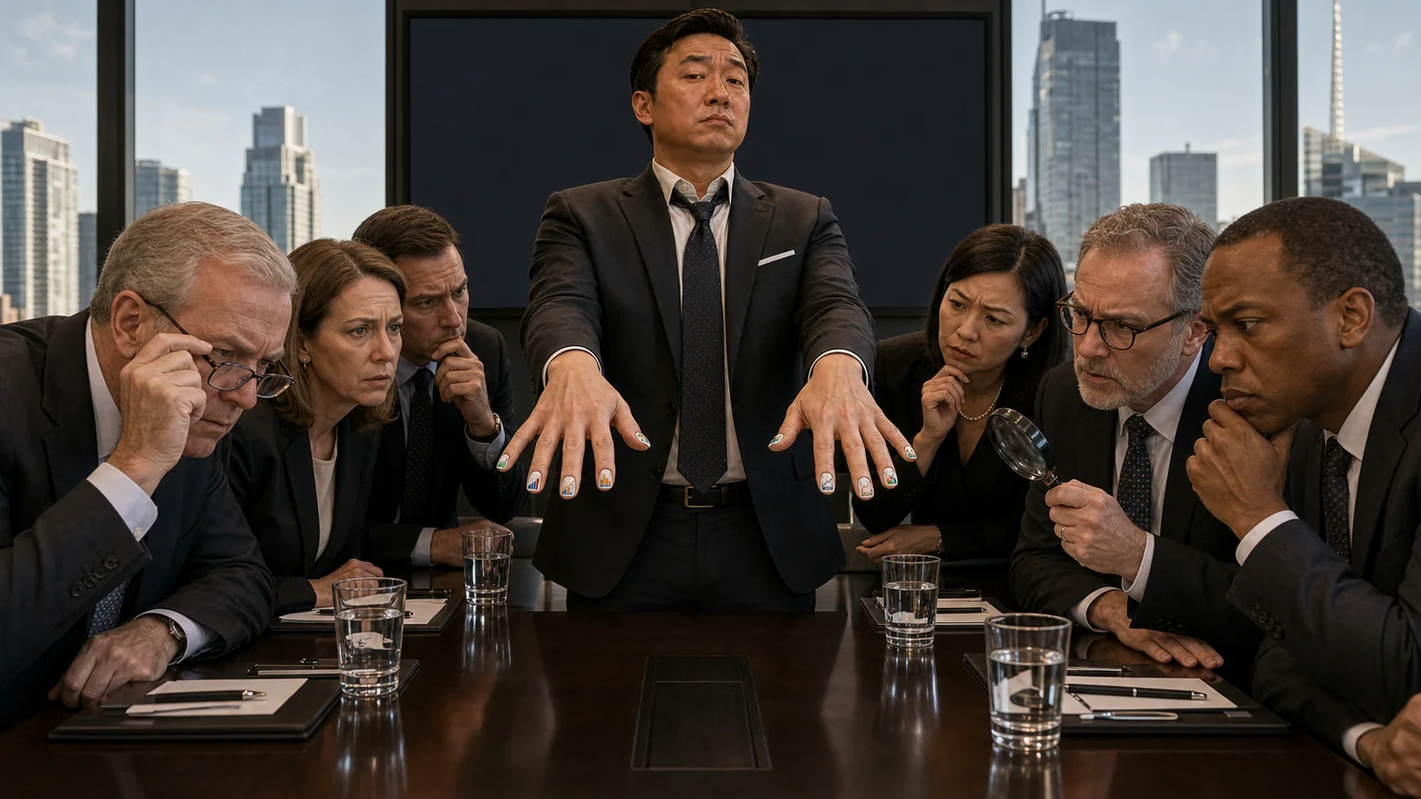西装男子在董事会伸出十根画着微型财务图表的指甲，多位董事拿眼镜和放大镜认真查看