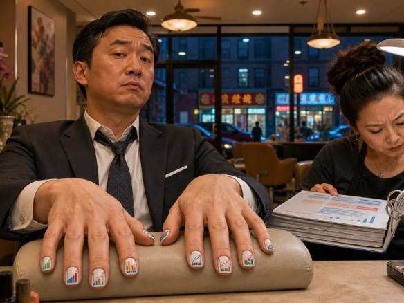 一位西装男子在法拉盛美甲店伸出画满微型图表的十根指甲，旁边的美甲师核对厚厚的财报