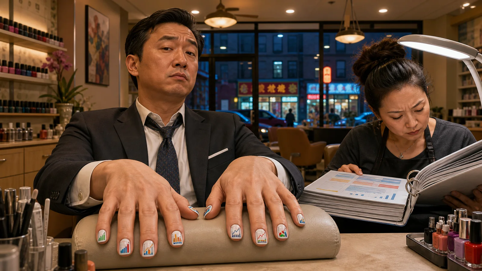 一位西装男子在法拉盛美甲店伸出画满微型图表的十根指甲，旁边的美甲师核对厚厚的财报