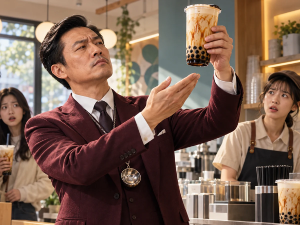原创荒诞故事画面：穿酒红色西装的红酒大师把一杯黑糖珍珠奶茶举到灯下观察，店员和顾客满脸疑惑