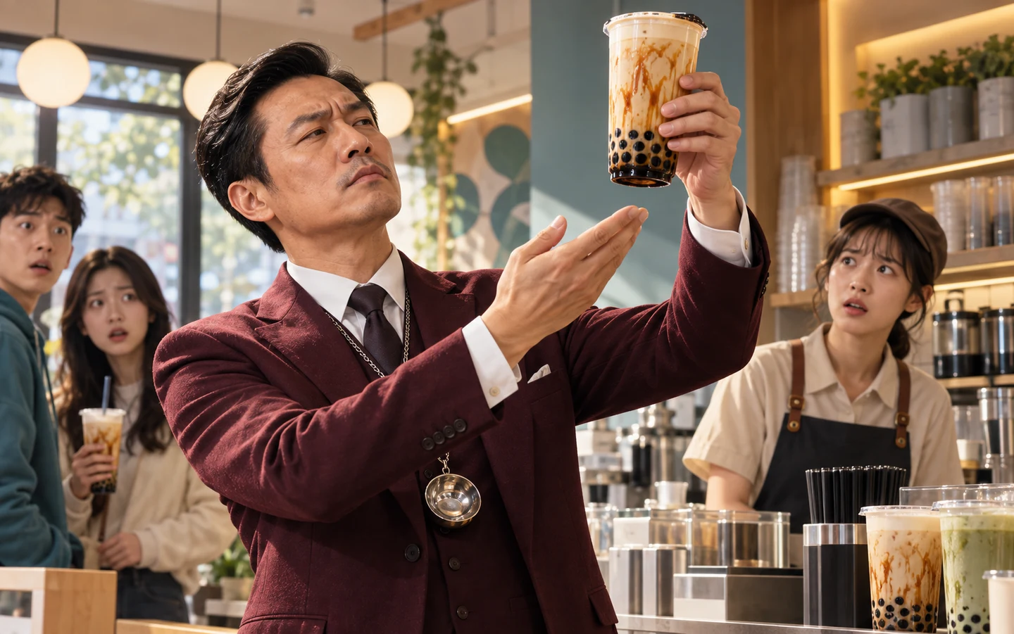 原创荒诞故事画面:穿酒红色西装的红酒大师把一杯黑糖珍珠奶茶举到灯下观察,店员和顾客满脸疑惑
