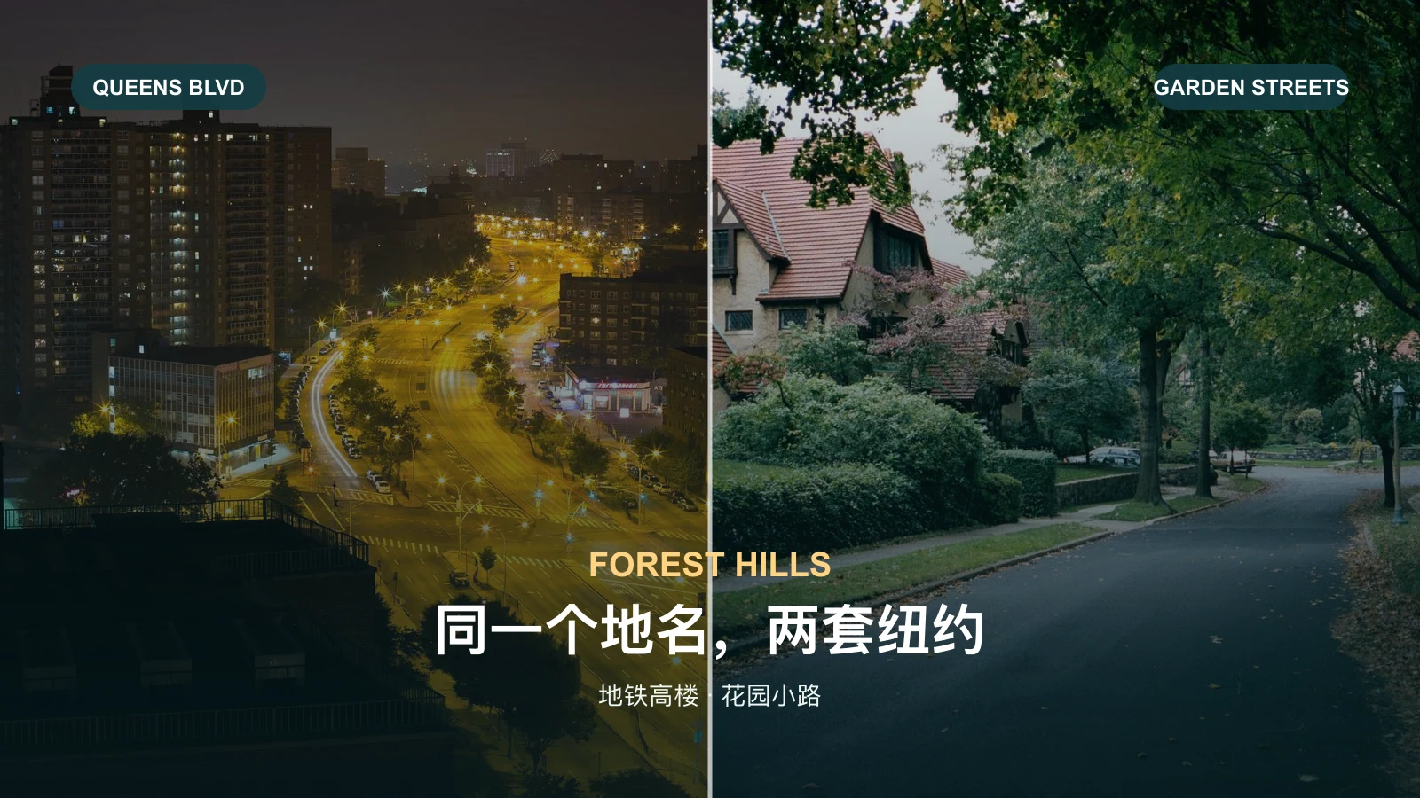 Forest Hills两种城市尺度对比：Queens Boulevard高楼夜景与树荫住宅小路