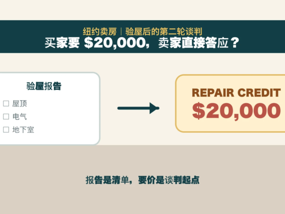 纽约卖房验屋后买家提出两万美元维修抵扣，卖家面对修理、credit与降价三种选择