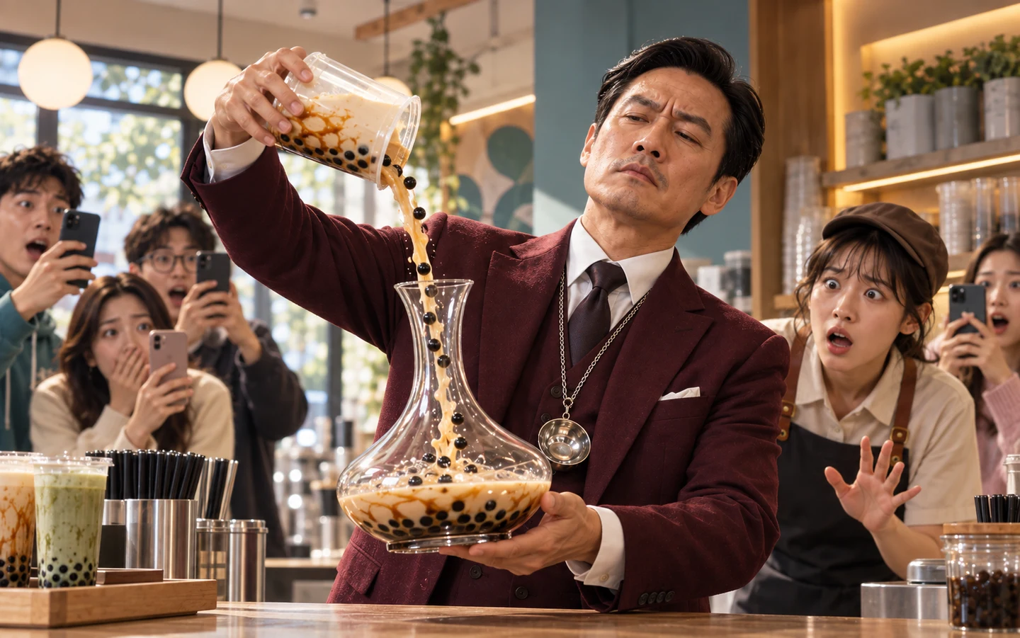 原创荒诞故事画面:红酒大师把黑糖珍珠奶茶郑重倒进水晶醒酒器,周围顾客举起手机,店员吃惊地看着