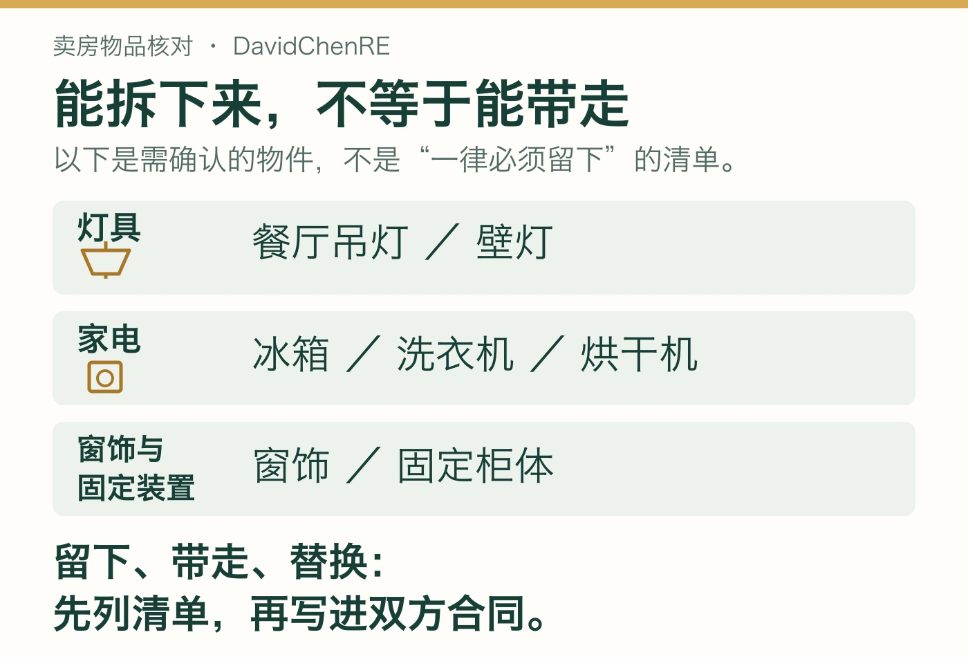 卖房物品核对图解:逐项确认灯具、家电、窗饰与固定装置,列清留下、带走或替换的物件并写入双方合同