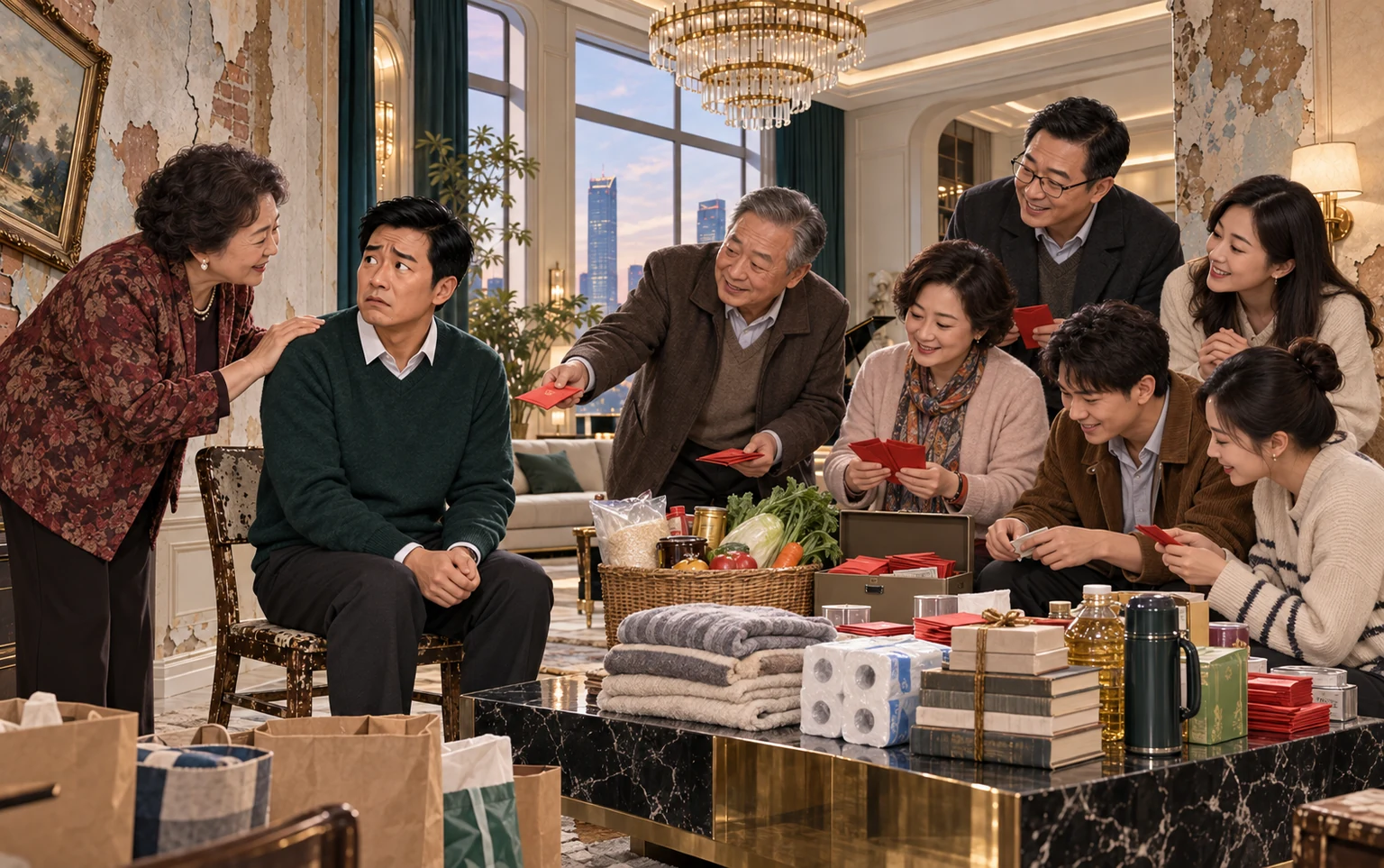 亲戚们在做旧的豪华客厅里给满脸尴尬的男子送红包、蔬菜、毛毯和生活用品，认真为他筹款