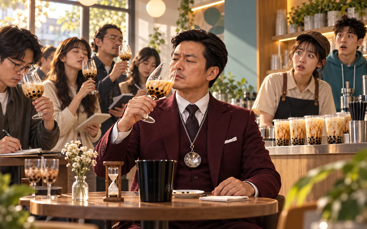 原创荒诞故事画面:红酒大师用高脚杯闻奶茶香气,周围顾客跟着模仿并认真记笔记,桌上摆着计时沙漏