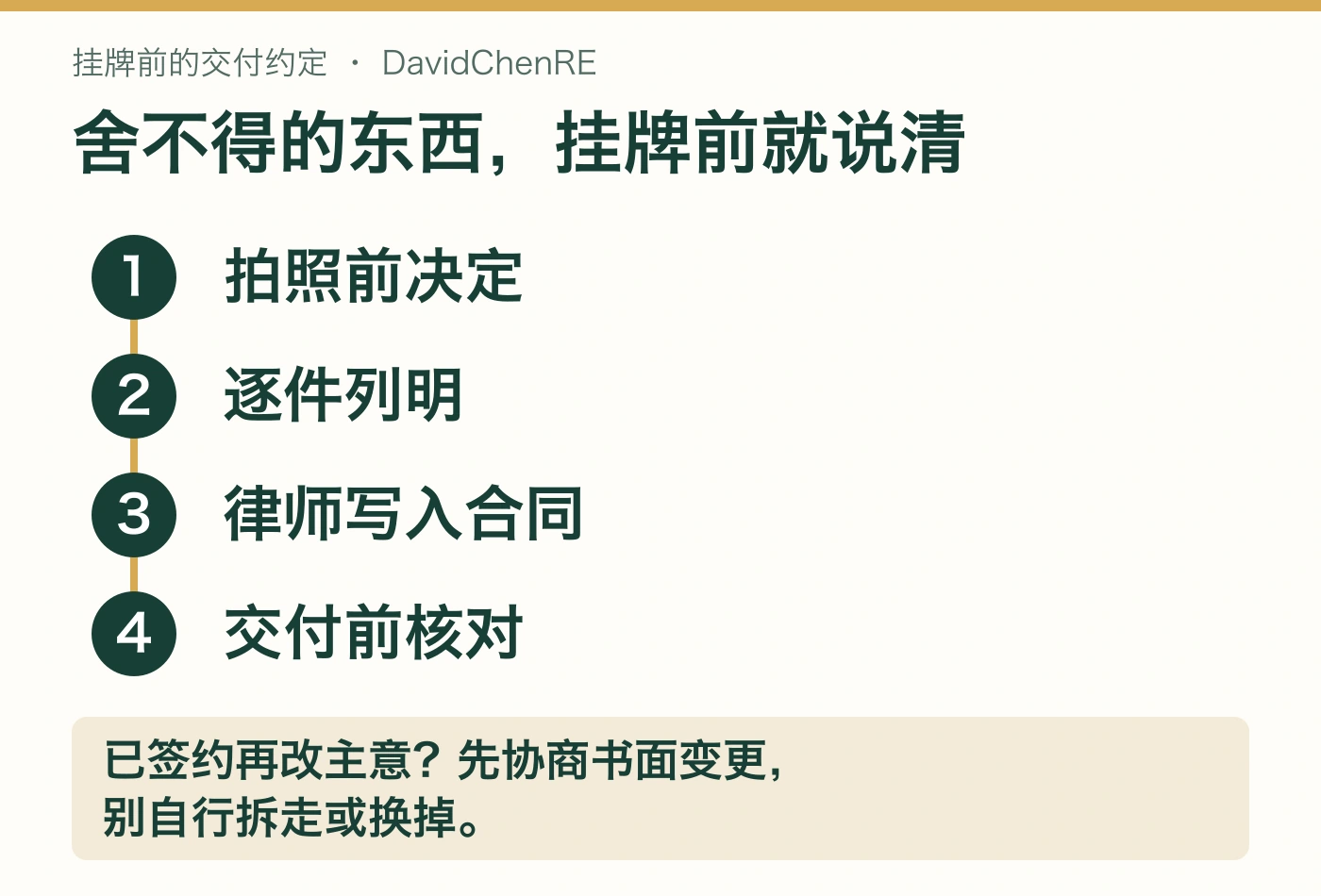 卖房交付准备四步：拍照前决定、逐件列明、律师写入合同、交付前核对；签约后改变想法先协商书面变更