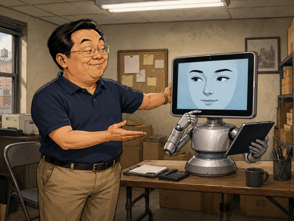 华人小老板在办公室得意地介绍刚买来的显示器脸AI员工，原创讽刺漫画