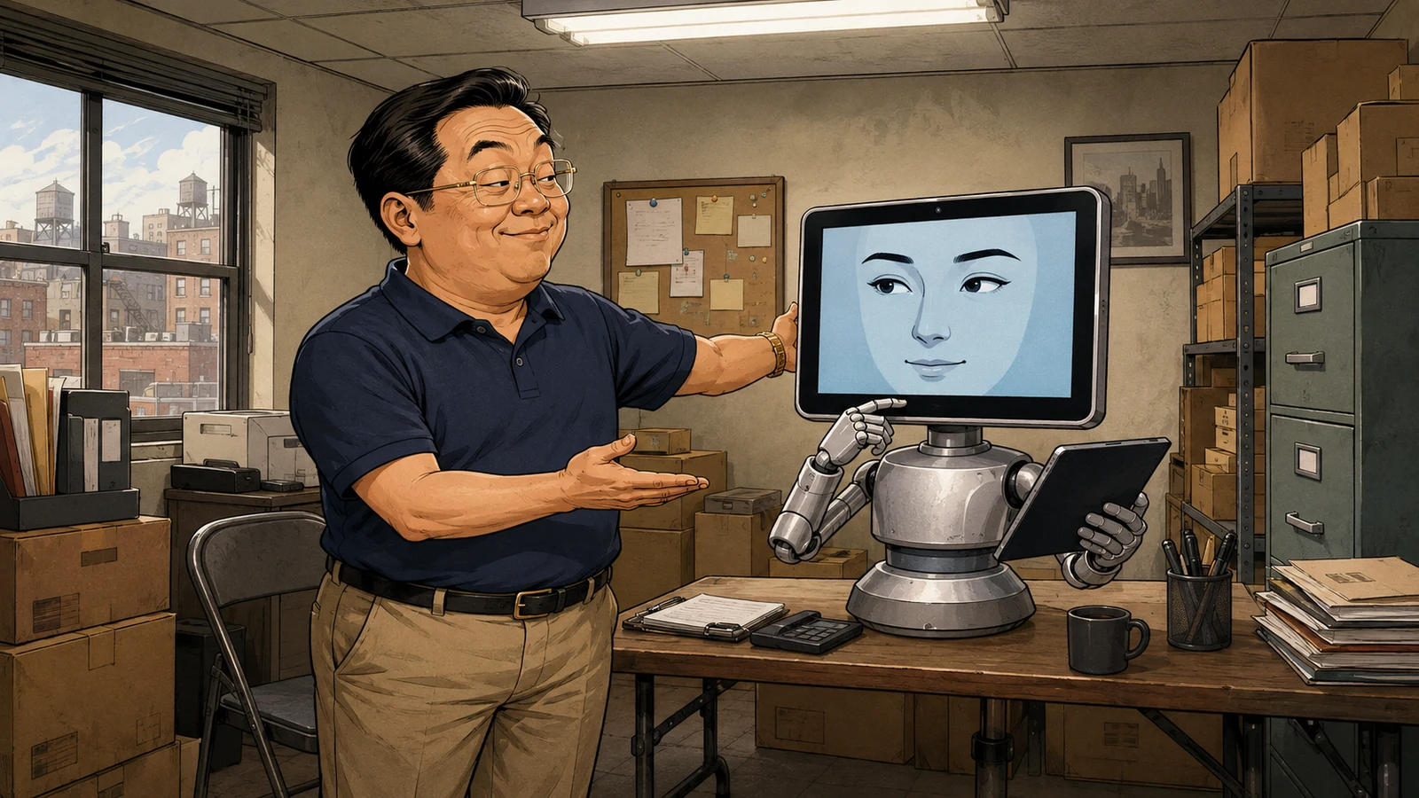 华人小老板在办公室得意地介绍刚买来的显示器脸AI员工，原创讽刺漫画