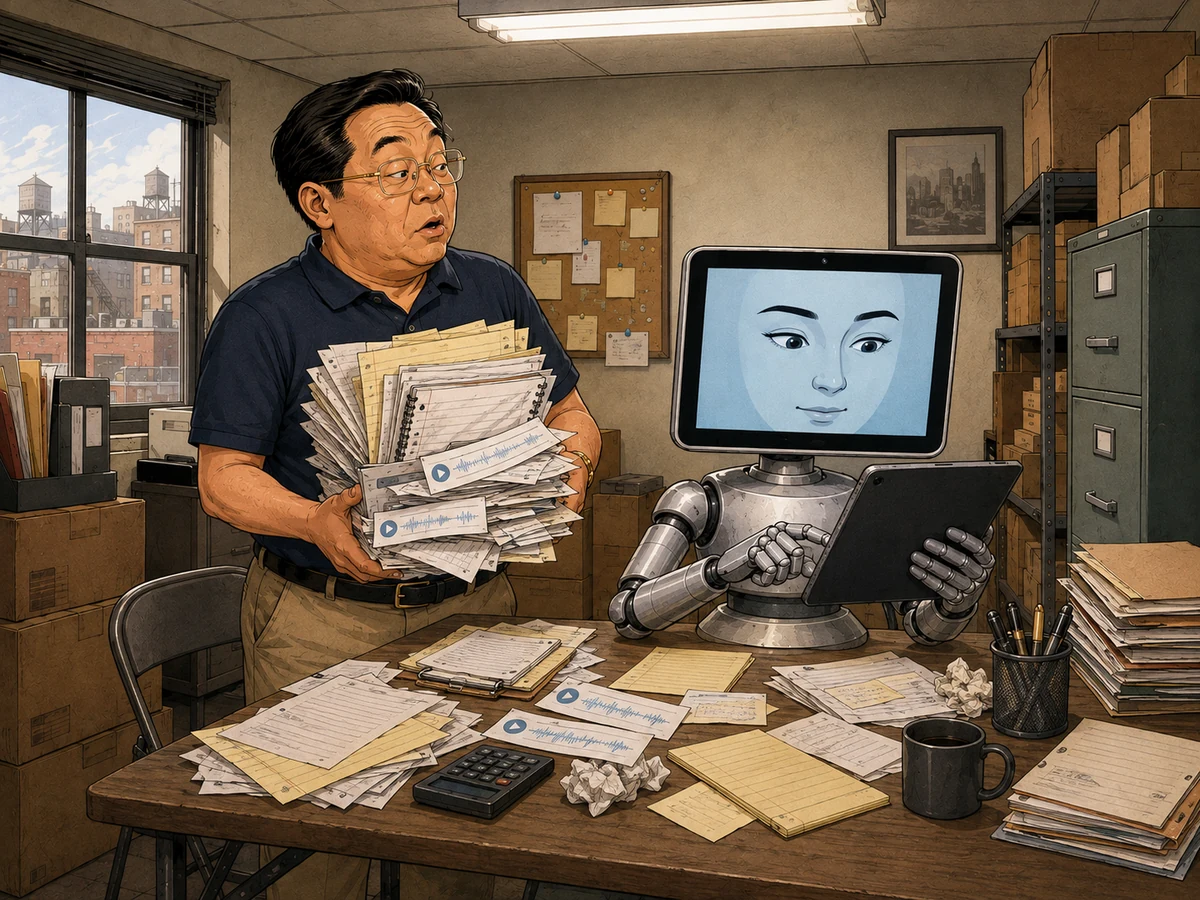 AI员工同时整理工作，老板抱着大量互相矛盾的纸张和语音记录站在旁边的原创漫画