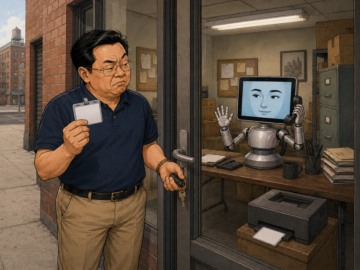 被挡在自家公司门外的老板拿着访客证，AI员工隔着玻璃在办公室接电话并挥手的原创漫画