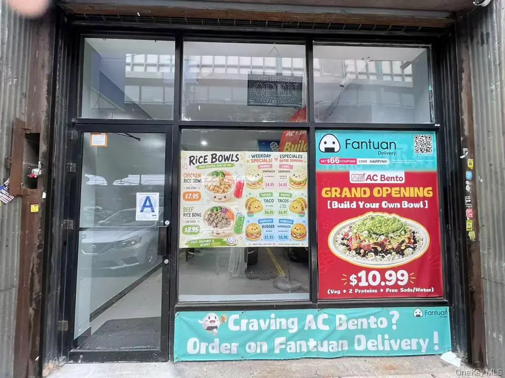 Restaurant entrance with takeout menu signage