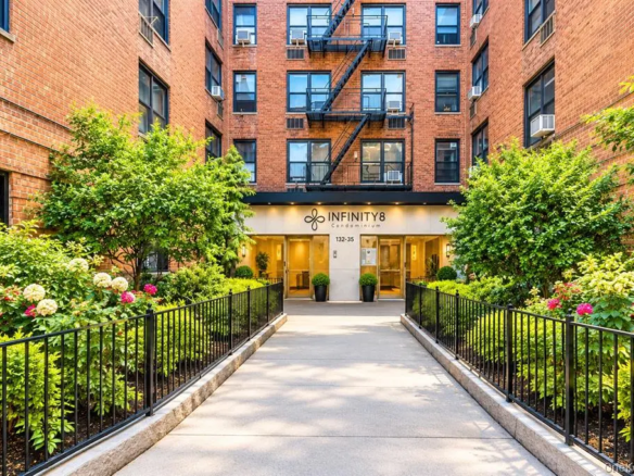 Flushing two-bedroom condominium — residential building entrance and courtyard