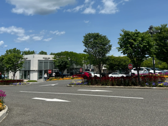 Manhasset的Americana开放式购物区实拍，低层店面、停车车道与花坛，图中可见Michael Kors门店