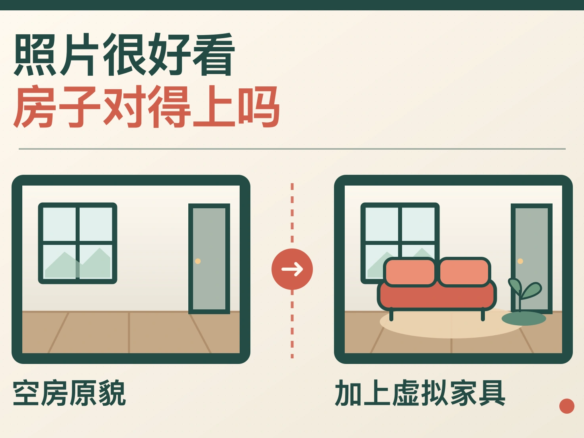 原创空房与虚拟布置对比图，同一房间的门窗位置不变，右侧只增加沙发和装饰