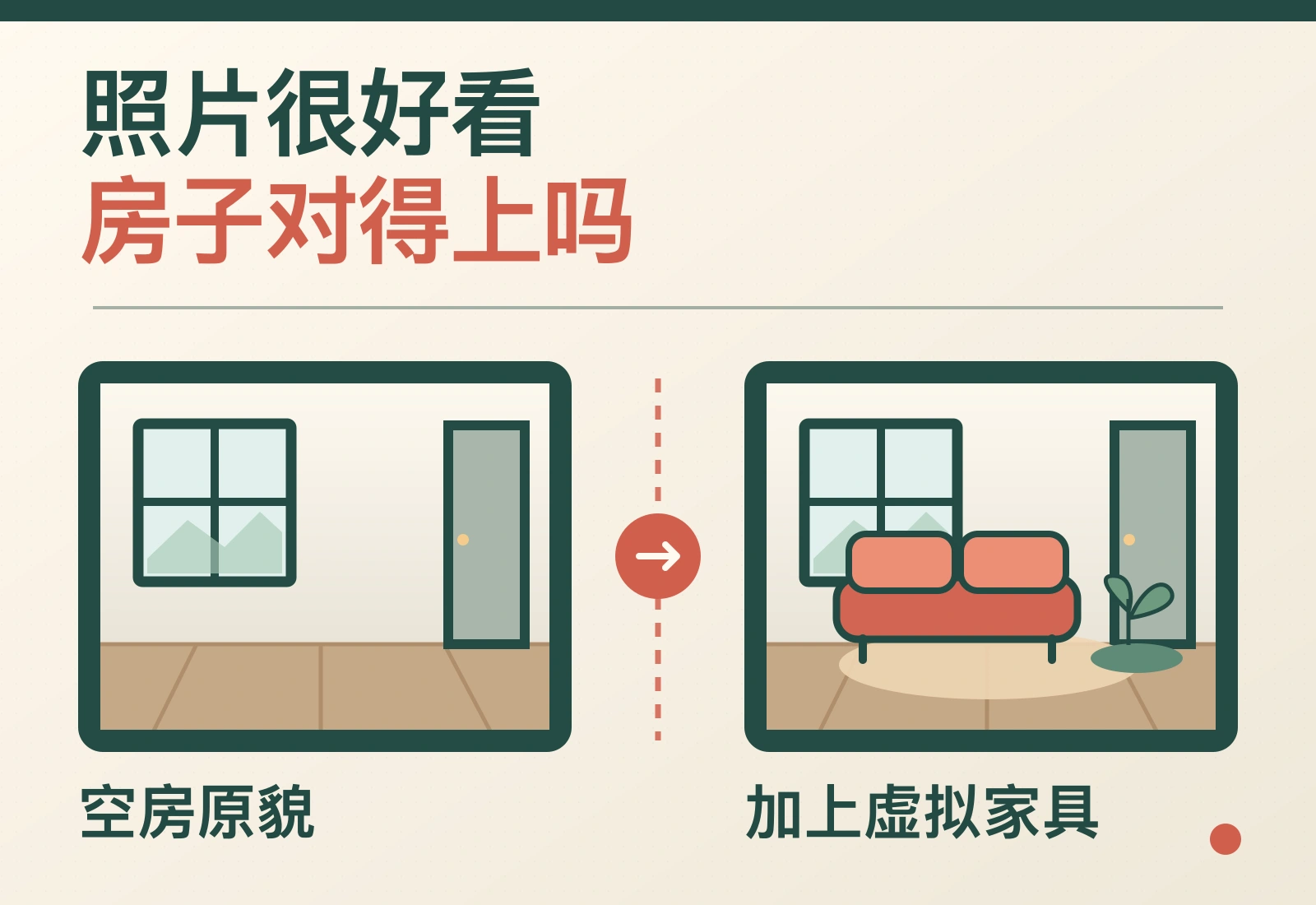原创空房与虚拟布置对比图,同一房间的门窗位置不变,右侧只增加沙发和装饰