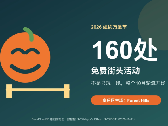 原创封面以南瓜、糖果和街道路障图形说明纽约2026年10月有160处免费万圣节街头活动
