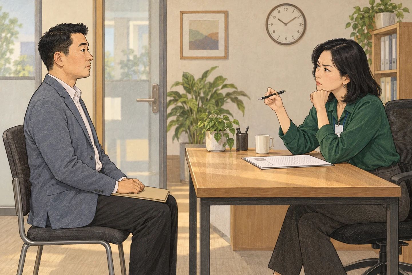 原创故事画面:老严端坐在虚构公司的面试室里,文件夹放在膝上,佩戴素面工牌的绿衬衫HR拿笔一本正经提问