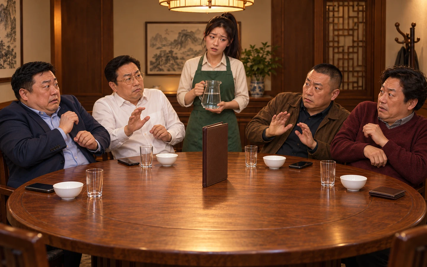 原创故事画面:一本关闭的菜单立在圆桌中央,四个老板谨慎向后靠,服务员拿着水壶欲言又止,桌上仍没有菜
