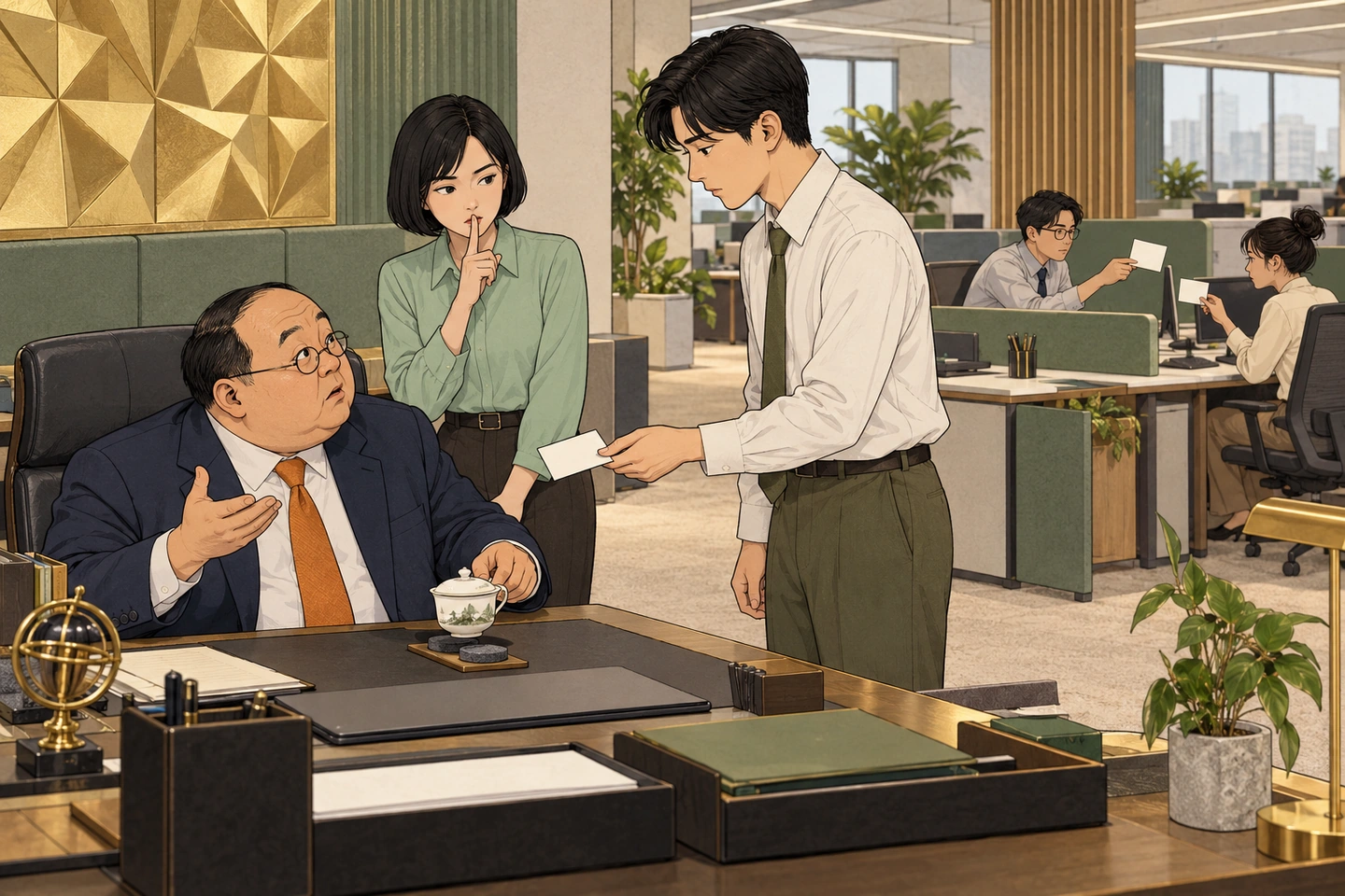 原创职场故事漫画：小林向坐在办公桌后的顾老板递上白纸条，人事经理在旁竖指示意安静，后方同事也举着纸条交流。