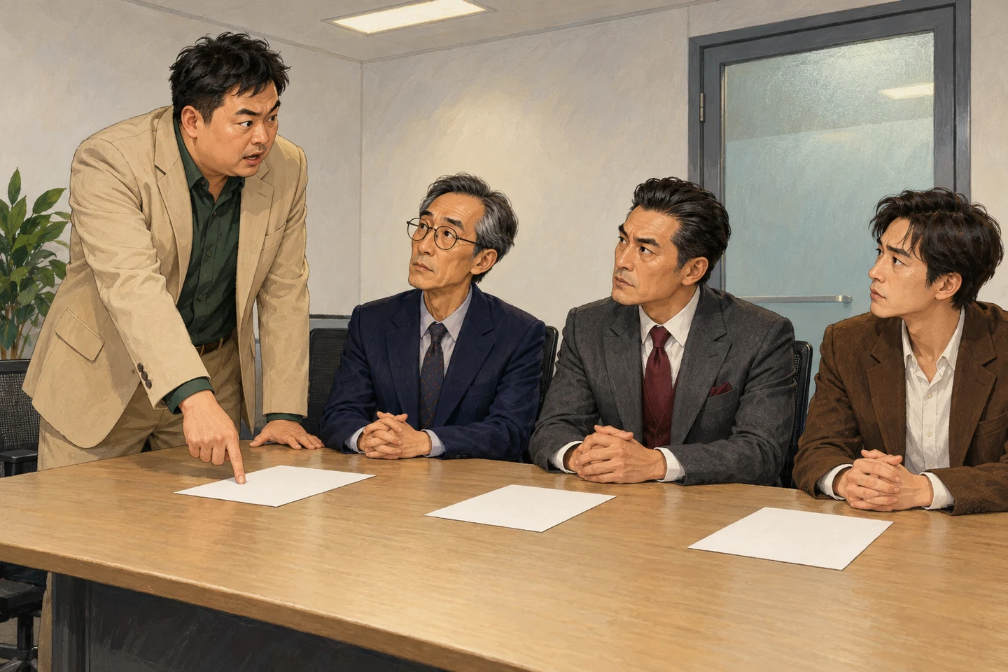 原创故事画面：许总在准备室向三位演员交代捧场分工，桌上摆着三张没有文字的白纸，三人像排练重大演出一样认真听讲