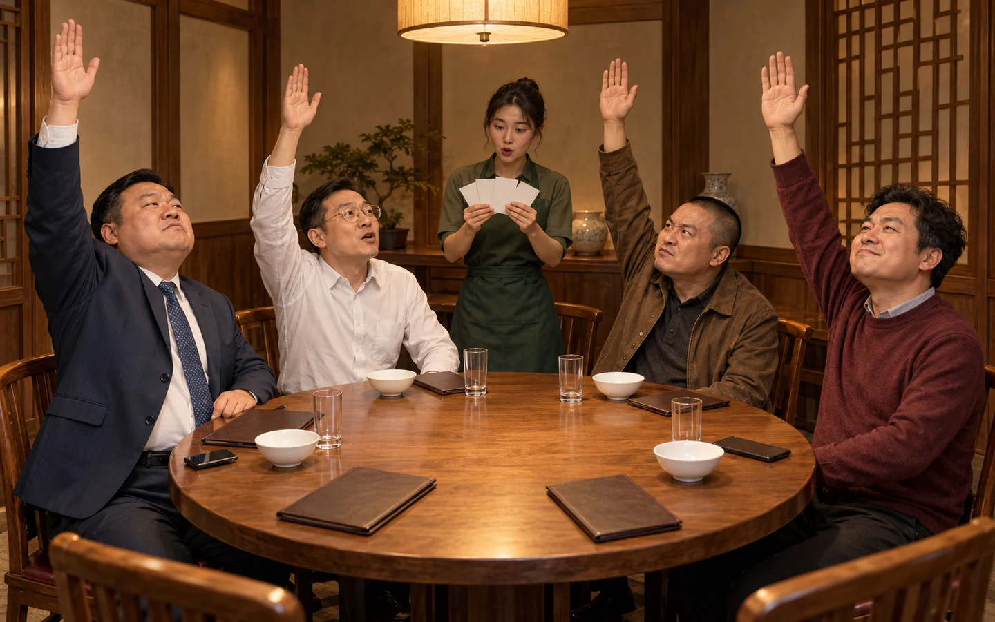 原创故事画面:服务员拿着四张便签念选票,四个老板同时举手争当请客人,关闭的菜单和空碗仍放在桌上