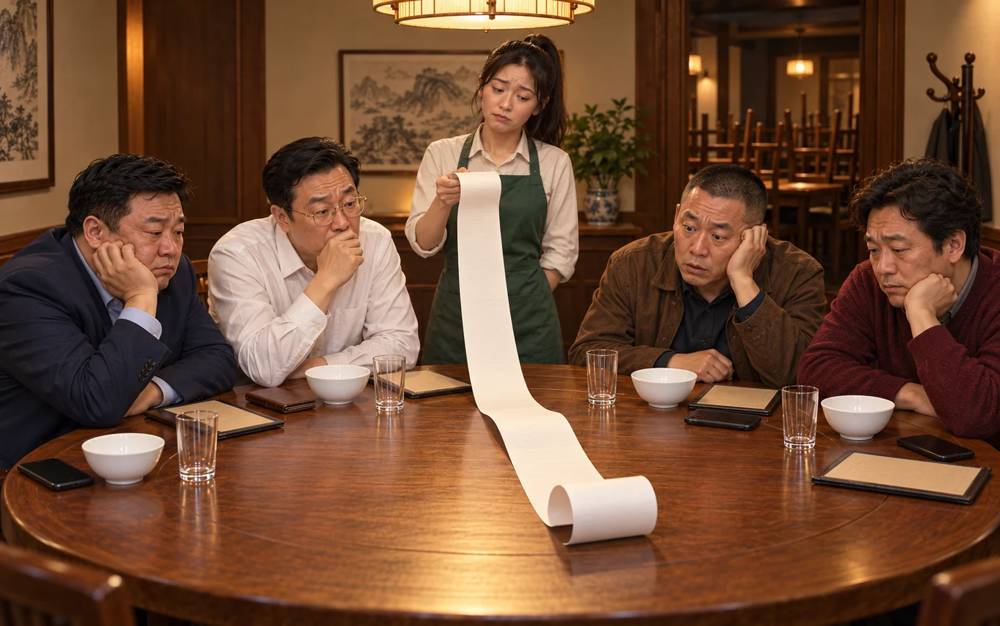 原创故事画面:服务员向四个老板递出空白账单,老板们看着空纸和空碗发愣,后方餐馆已经开始收工