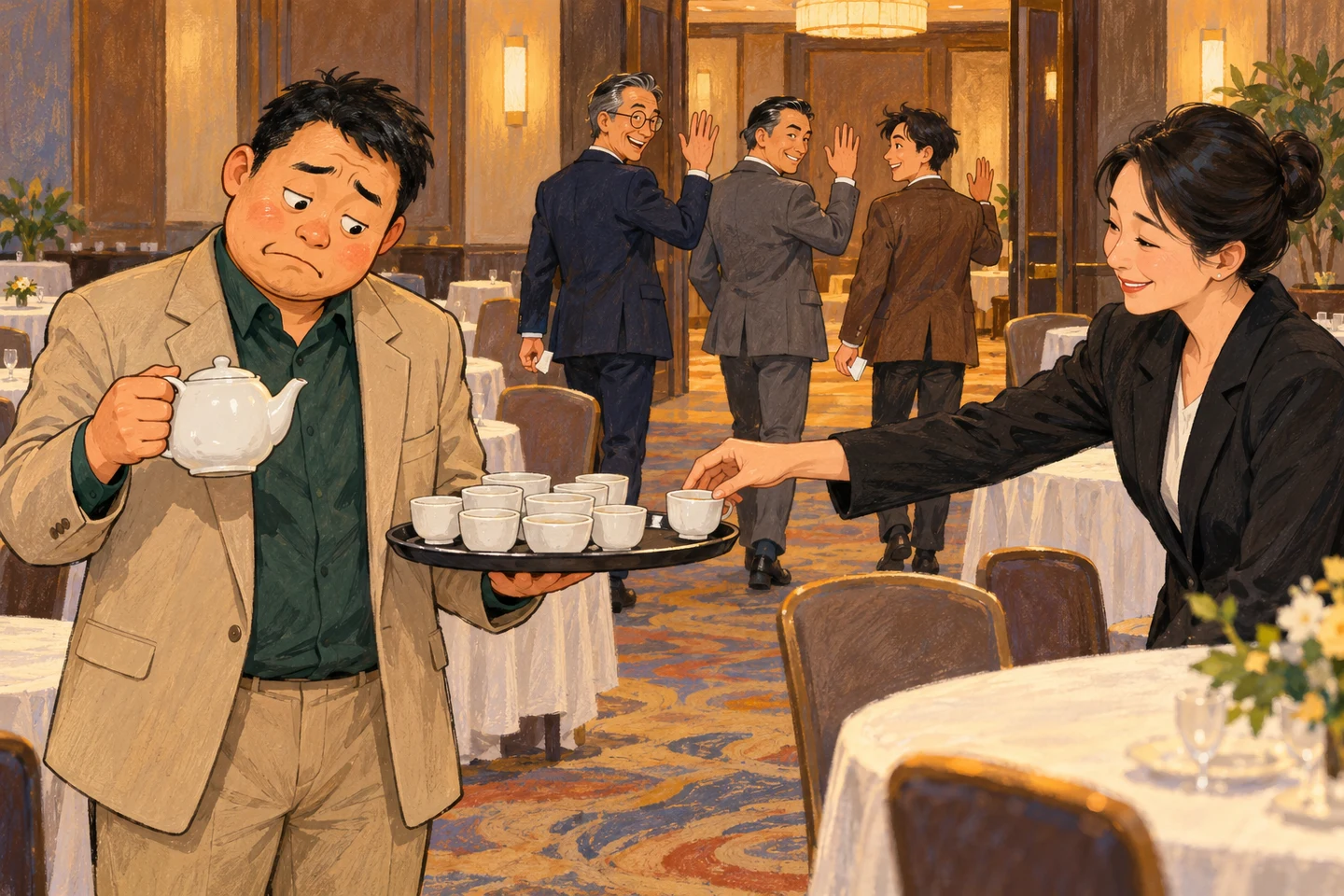 原创故事画面：酒会散场，三位演员挥手离开，女主办方把最后一个空茶杯放到许总端着的托盘上，许总拿着茶壶无奈低头