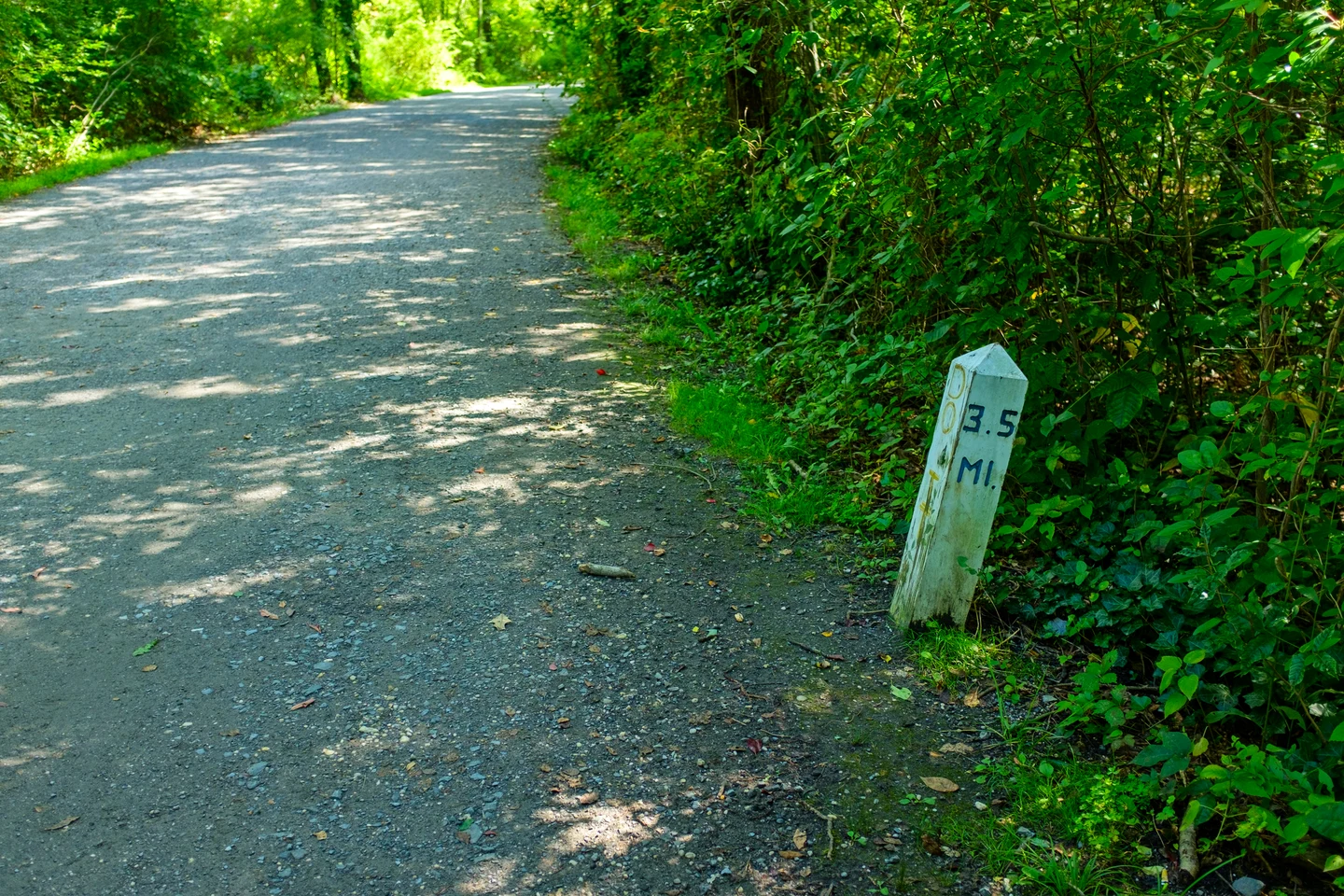Belmont Lake西侧林间步道旧照，路旁立着3.5英里里程标，标记不代表本文建议路线长度